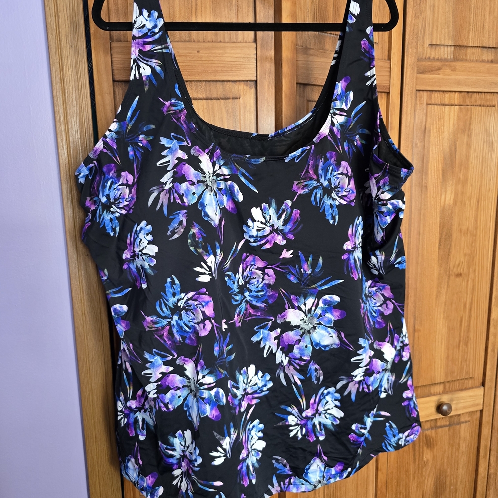 Floral Women's Swim Tankini Top - Black and Blue